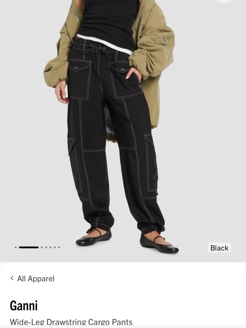Ganni Black Wide-Leg Drawstring Cargo Pants